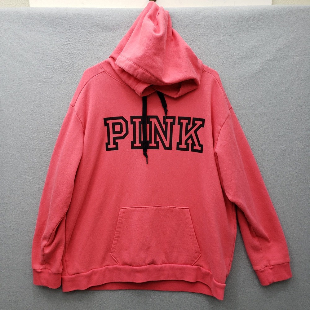 PINK Victoria's Secret Logo Front Hoodie Sweatshirt Neon Pink Loungewear Size XL